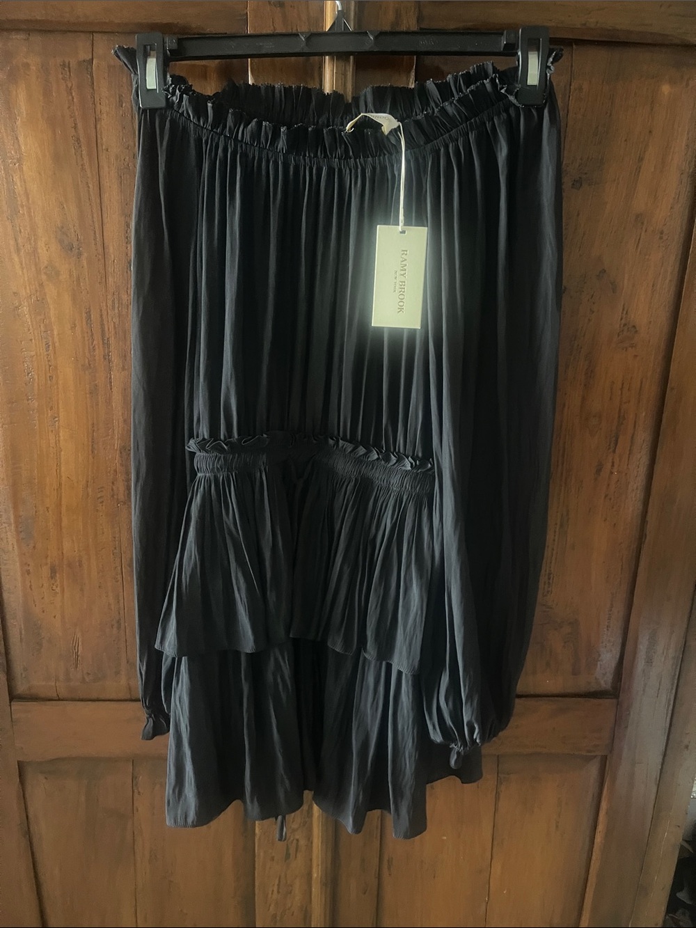 NWT Ramy Brook Charrasse off the shoulder black tired Mini dress .